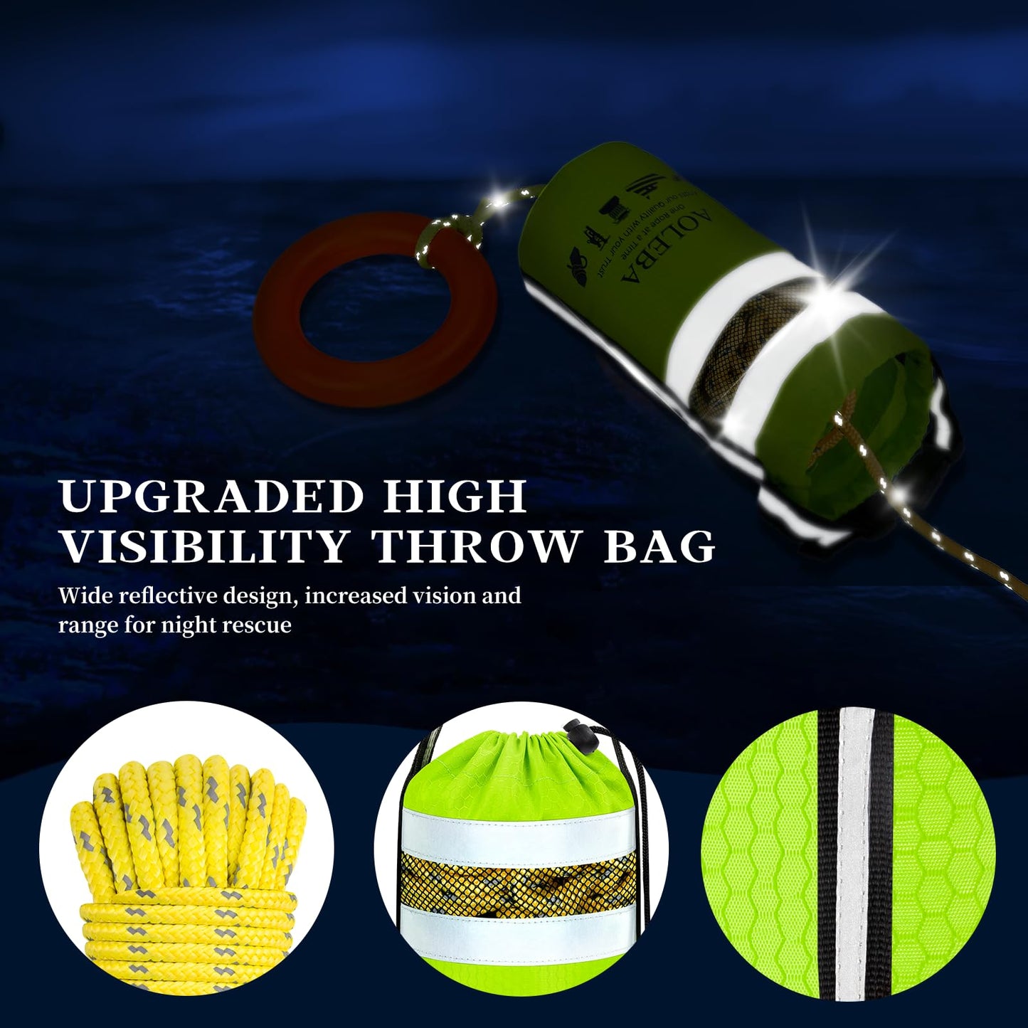 AOLEBA Water Rescue Throw Bag with 8MM Reflective Rope, 1900lbs Tensile Strength Emergency Safety Gear for Boating, Kayaking, Rafting, Floating Throw Bag Throwable Device with Quick Deployment Design