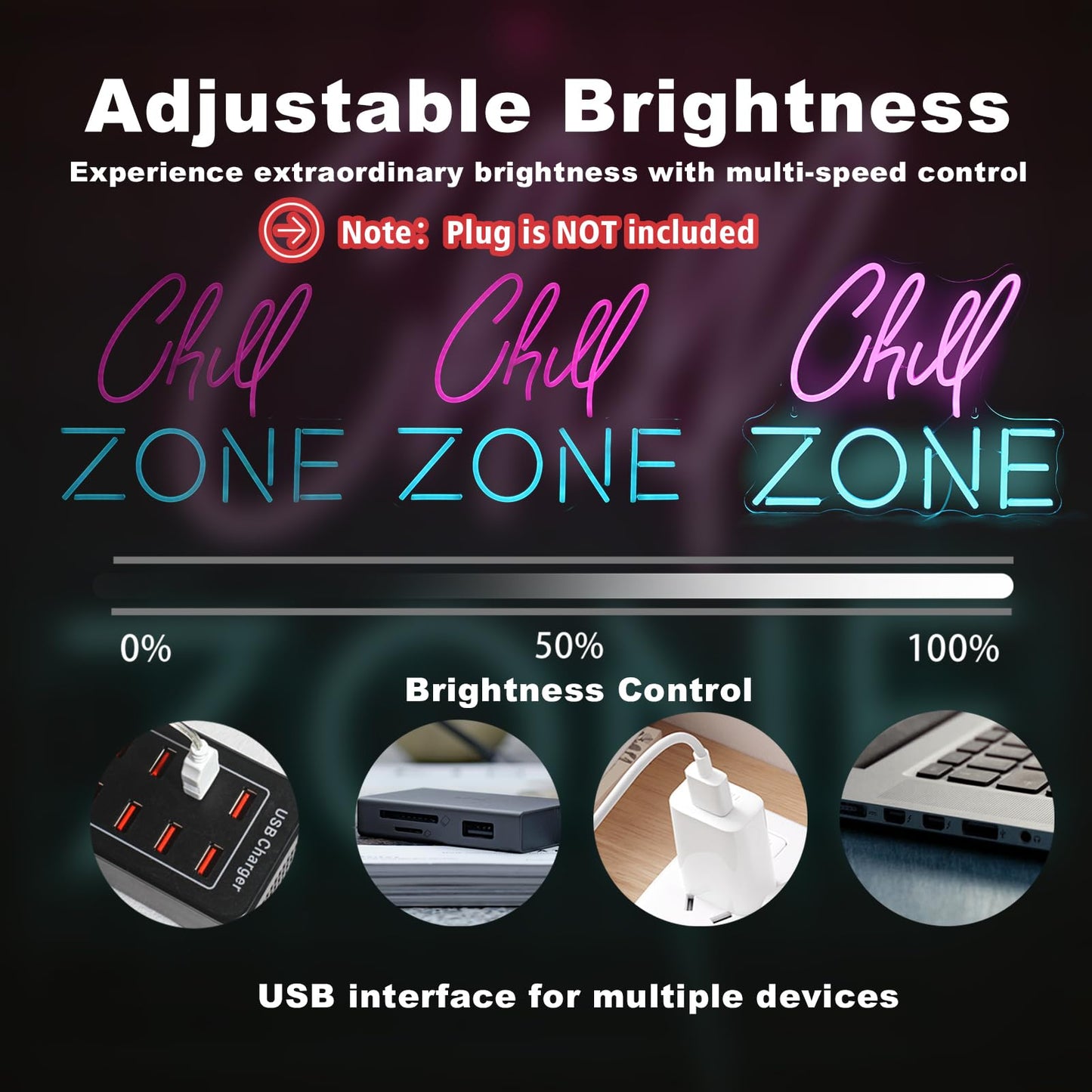 Chill Zone Neon Signs for Wall Decor Dimmable LED Neon Light USB Powered Light Up Signs for Home Lounge Game Room Bar Bedroom Wall Art Man Cave Decor