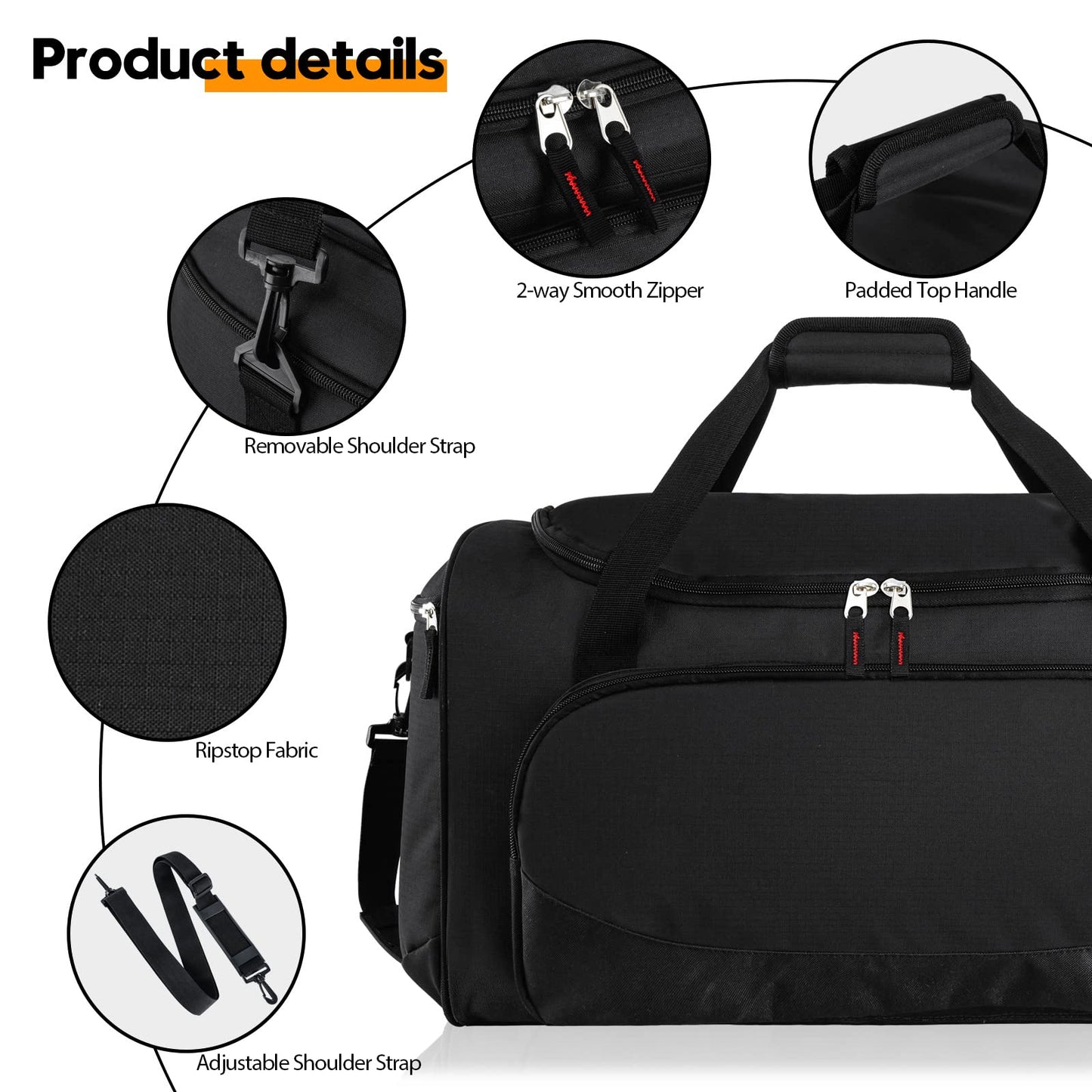 Uarition Gym Bag for Men - 55L Black Durable Large Duffle Bag for Travel, Workout, Fitness & Sport