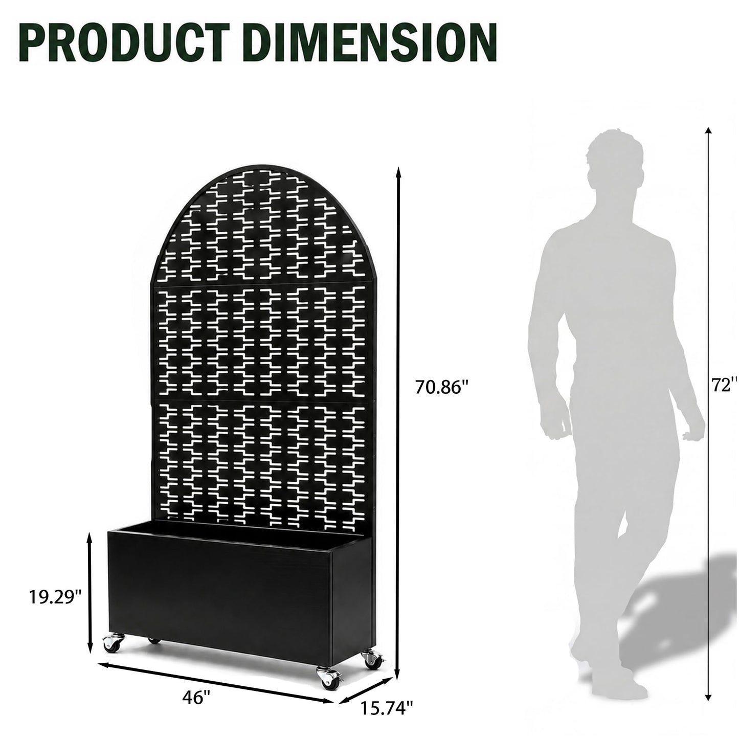 Veemuaro Metal Planter Box with Trellis, 70" H × 46" L Freestanding Outdoor Raised Garden Bed with Privacy Screen, Wheels and Drainage Holes, Arched Privacy Screen Planter Box for Backyard and Garden