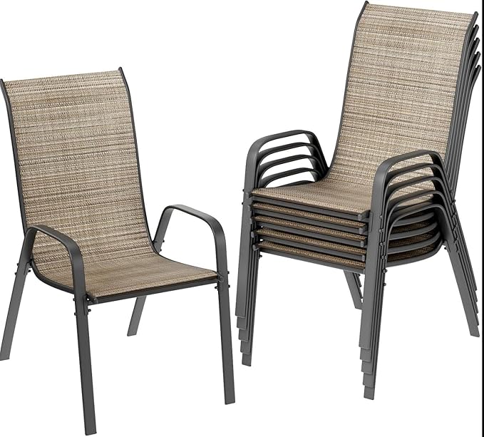 MAMIZO Patio Dining Chairs, Stackable All Weather Teslin Chair, Heavy Duty Outdoor Breathable Chairs Set, w/Armrests, Upgraded Chair FeetW/Strenthened Iron Spacers, 330 LBS (6, Brown)