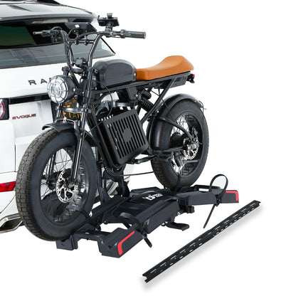 Ebike Rack with Ramp for 2 E-Bikes 200 lbs Capacity Fits 5" Fat Tire, Hitch Bike Rack for Cars SUVs Trucks with 2" Receiver, Foldable Tilting Locking No Assembly Needed E-Bike Platform Carrier