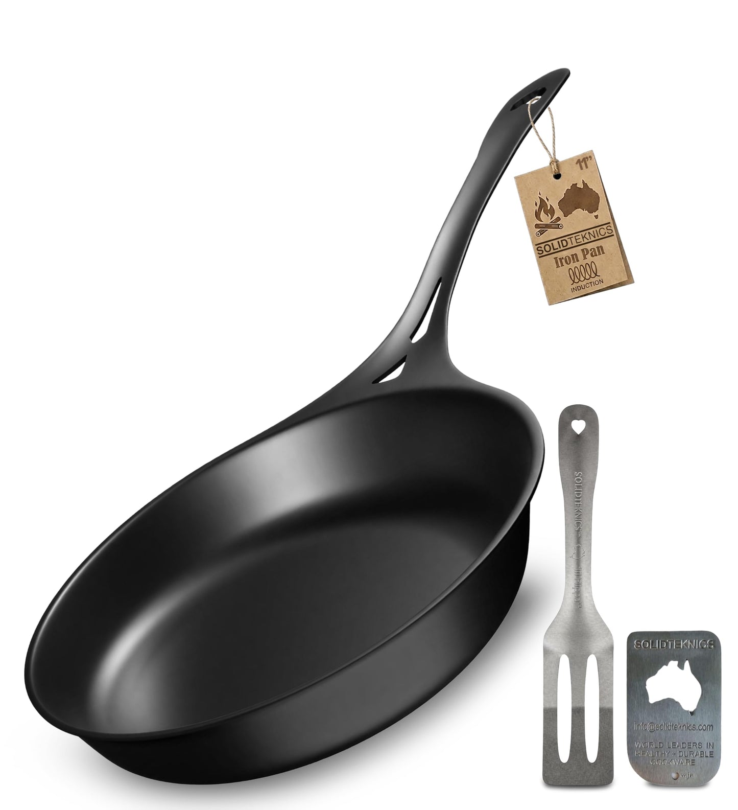 SOLIDTEKNICS 11" Outdoor Skillet Set – Naturally Seasoned Australian Iron Skillet with Stainless Steel Flipper & Mini Pan Scraper Camping Cookware for Grill, Smoker, Fire Pit & Campfire Cooking