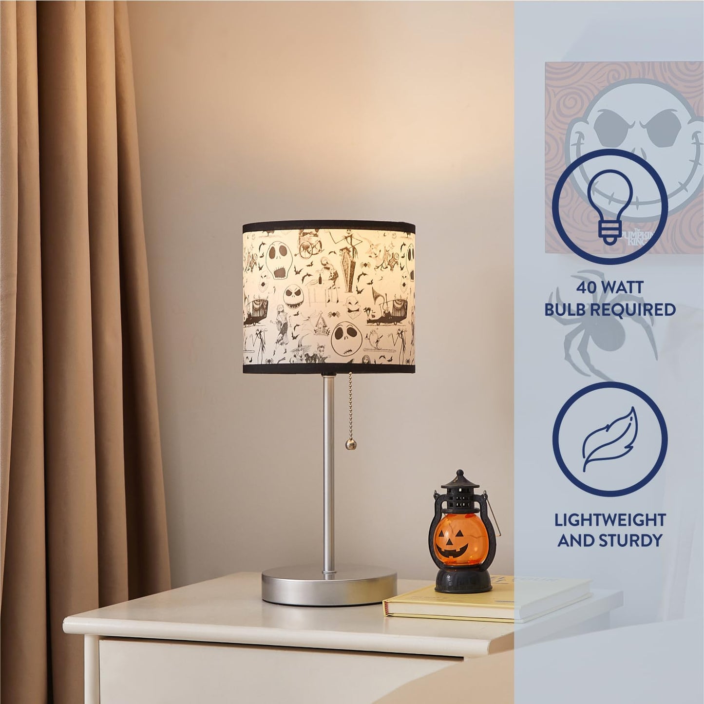 Idea Nuova Table Lamp for Kids, Stick Lamp with Printed Shade & Pull Chain, Bedroom or Nursery Nightstand Lighting,Nightmare Before Christmas