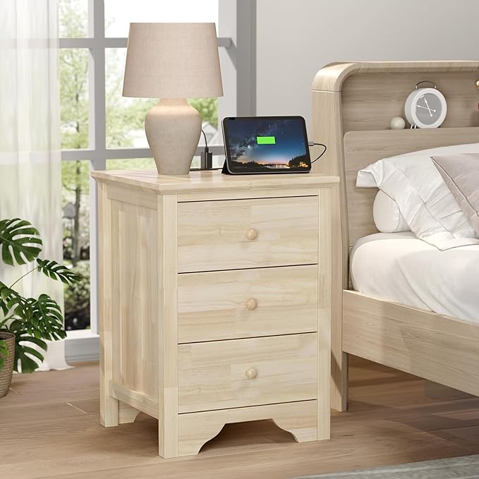 Bonnlo Solid Wood Nightstand Unfinished