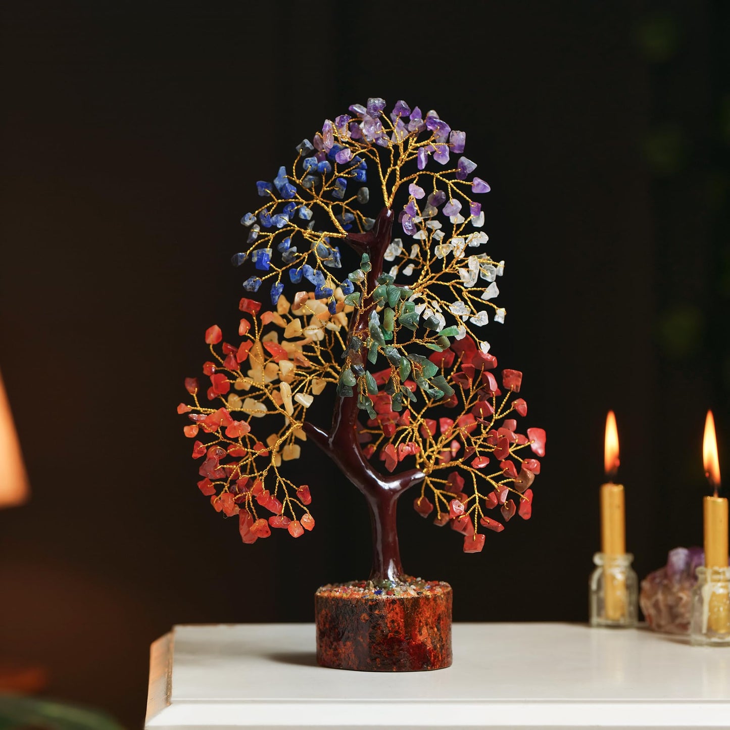 Crystal Tree of Life with Seven Chakra Tumble Hanging, 7 Chakra Healing Crystal Tree, Office Desk Decor, Room Decor, Bonsai Trees for Positive Energy, Money, Good Luck Birthday Gifts for Women 10-12"