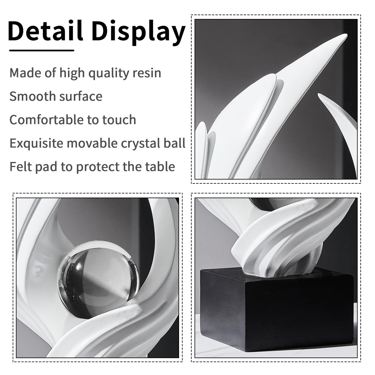 Modern Art Statue Decor, Abstract Swirl-Shaped Sculpture with Glass Ball Resin Art Figurines Centerpiece Sculptures for Home Decor Living Room Stand Coffee Table Office Bookshelf Decoration (white)