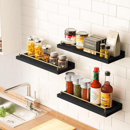 RYOFOBETTO Floating Shelves for Wall Decor, Black and Gold Shelves for Bathroom, Living Room, Bedroom, Picture Frames, Plants, Kitchen (Set of 3)
