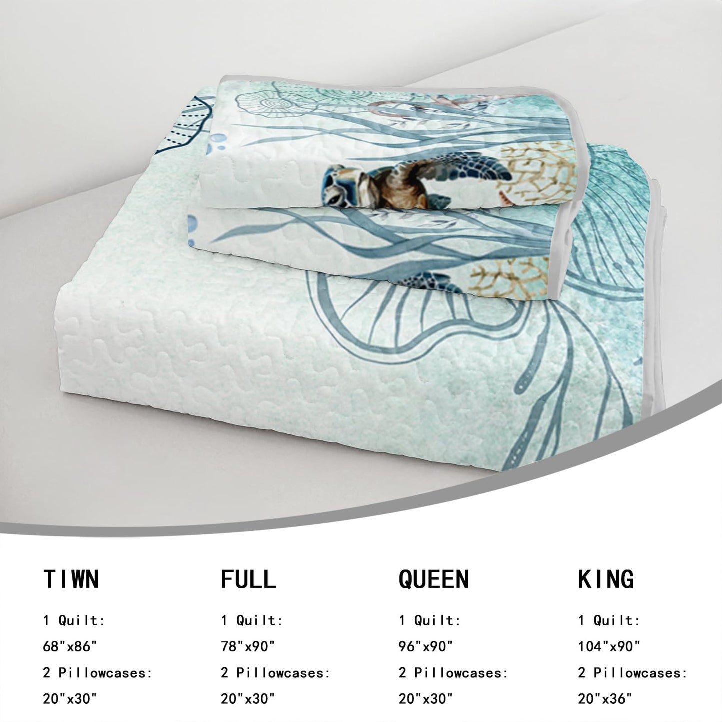 AILONEN Sea Turtle Bedding Quilt Set Queen Size,Teal Blue Ocean Beach Coastal Bedspread Coverlet,3 Pieces Soft Lightweight Quilt & 2 Pillowcases
