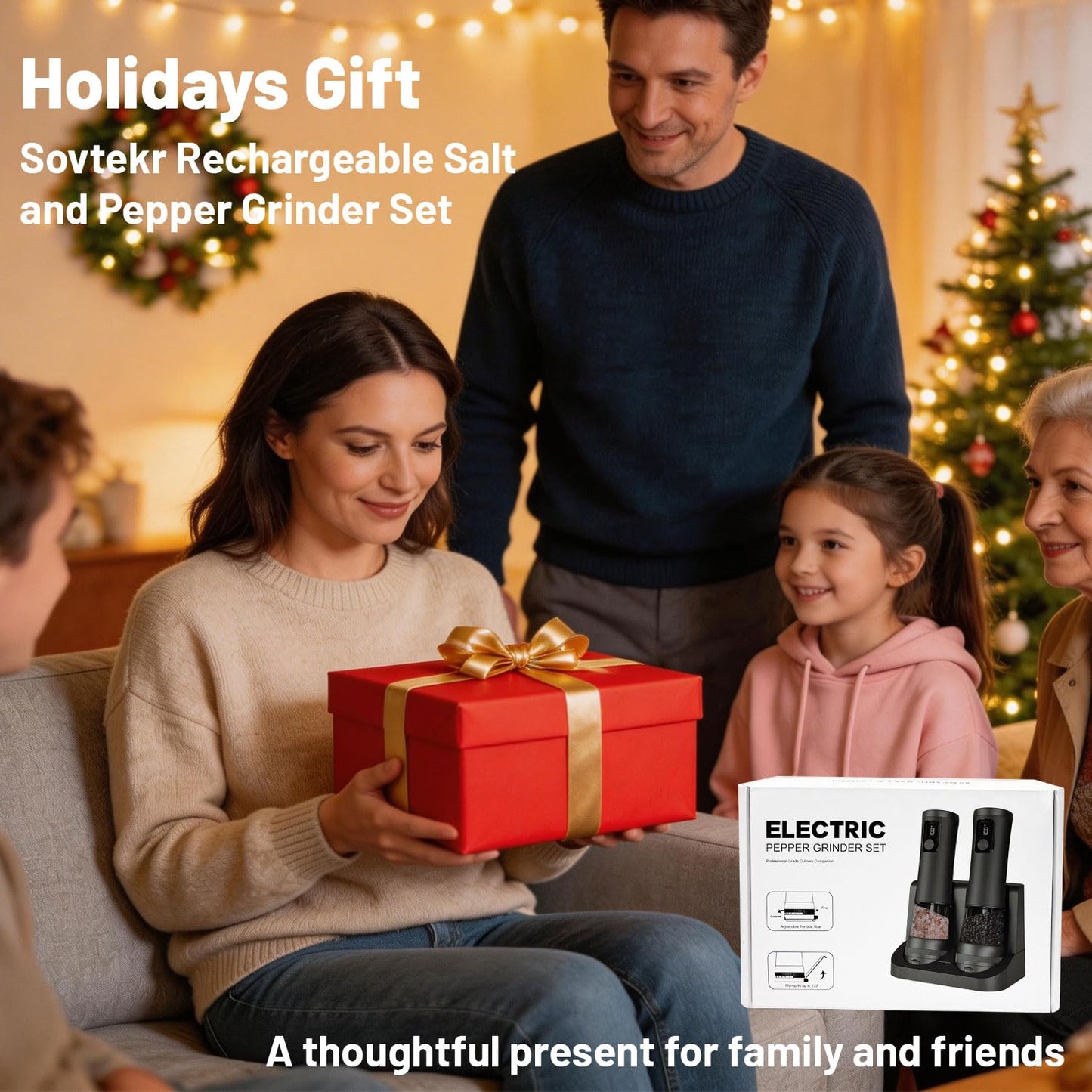 Sovtekr Electric Salt and Pepper Grinder Set, 5 External Coarseness Levels, Rechargeable with 2-in-1 Charging Base, LED Light, 110ml Large Capacity