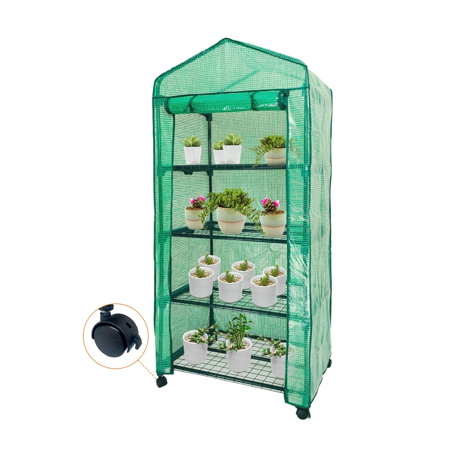 Grandhom Mini Greenhouse,4 Tier Small Portable Greenhouses Kit with Caster Wheels and Roll-up Zipper PE Cover,Green House for Indoor Outdoor Seedling and Plant Growing 27.6" L x 19.7" W x 65" H,Green