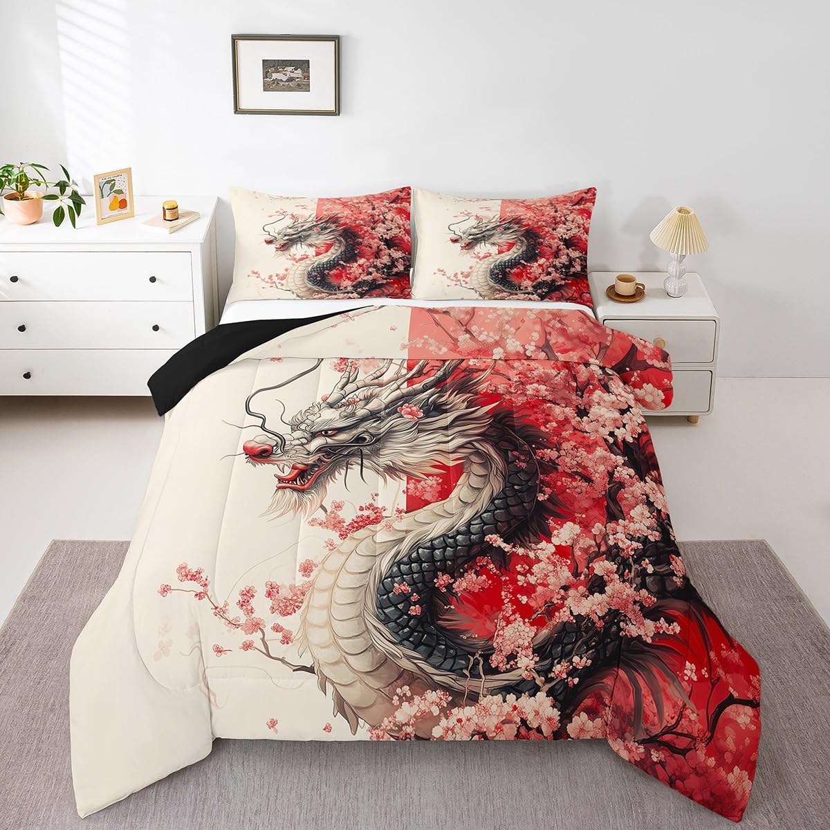 Erosebridal Girls Dragon Comforter Set Full Size, Japanese Style Animal Down Comforter Cherry Blossoms Sakura Bedding Set Ancient Wildlife Quilt for Kids Teens Adult Women Bedroom Decor, Pink