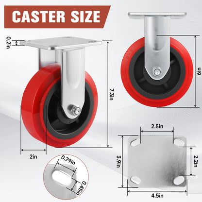 Caster Wheels,Industrial Heavy Duty Caster Set of 4,Polyurethane Surface TPE Casters,Load 5000Lbs Swivel Brake Plate Casters,for Industrial Equipment (2Side Brake & 2 Rigid, 6 inch)