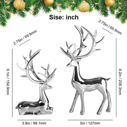 2PCS Silver Christmas Reindeer Figurines, Resin Elk Sculpture Statues, Standing Sitting Reindeer Statues, Xmas Ornaments for Home Living Room Office TV Cabinet, Ideal Christmas/New Year Seasonal Gift