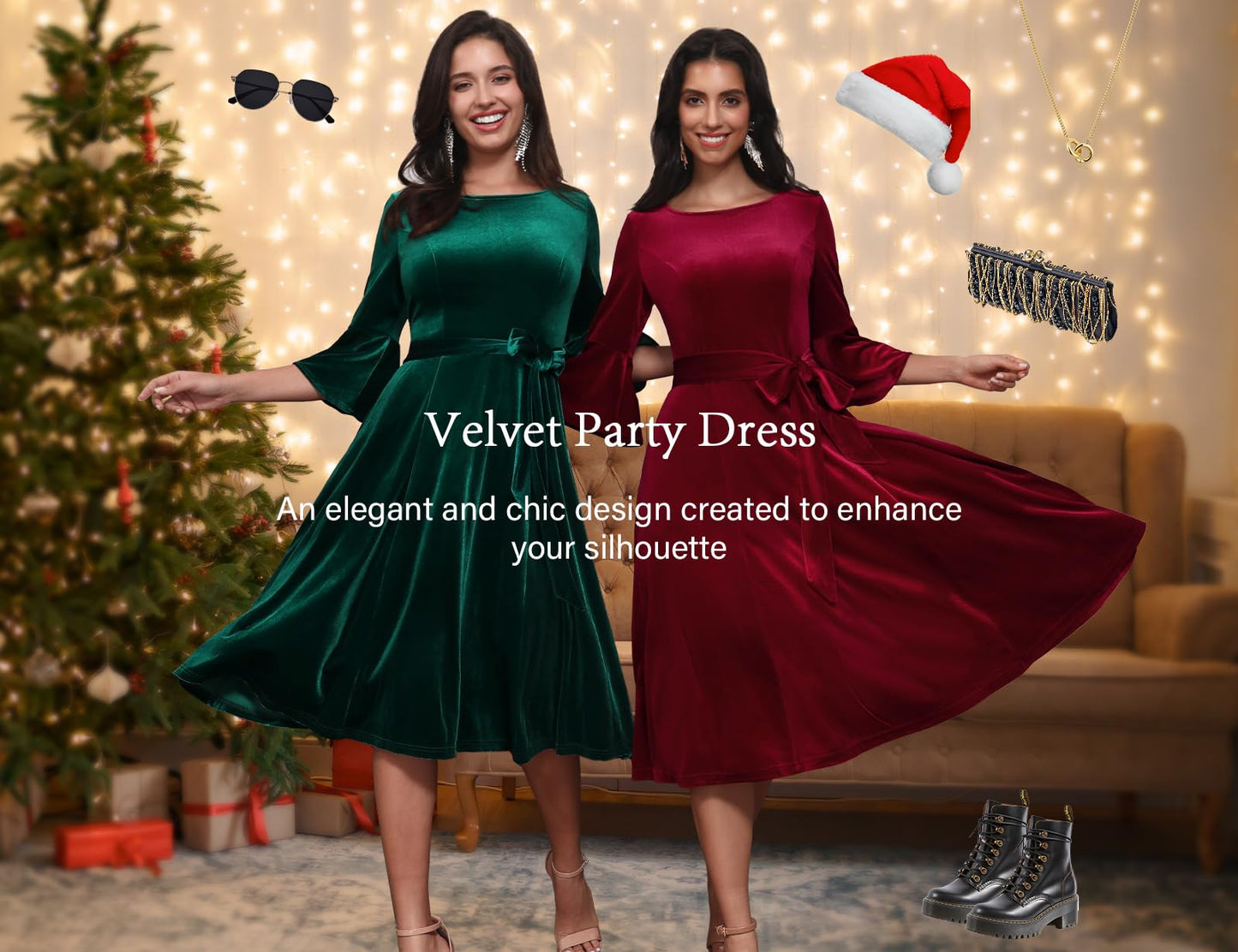 HomRain Dark Green Long Sleeve Velvet Dress Fit and Flare Bell Sleeve Fall Wedding Guest Dress Green Velvet Dress for Christmas Cocktail Party Holiday Velvet-DarkGreen L