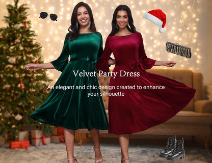 HomRain Dark Green Long Sleeve Velvet Dress Fit and Flare Bell Sleeve Fall Wedding Guest Dress Green Velvet Dress for Christmas Cocktail Party Holiday Velvet-DarkGreen L