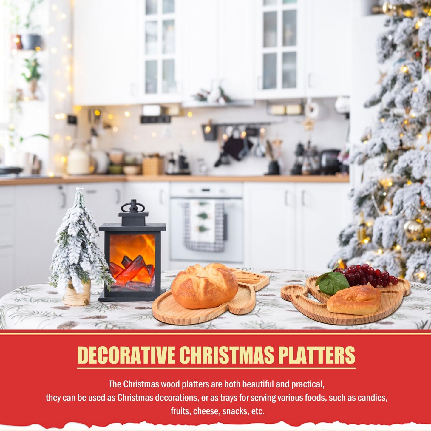 FOBSME 2 Pcs Christmas Serving Trays Santa Hat and Winter Mitten Shape Charcuterie Boards Decorative Wooden Serving Platter Pine Wood Snack Dish Plates for Xmas Holiday Housewarming Present,12.6 Inch