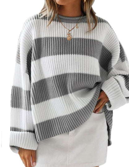 ZESICA Women's 2025 Fall Long Sleeve Oversized Striped Color Block Comfy Loose Crew Neck Knitted Pullover Sweater