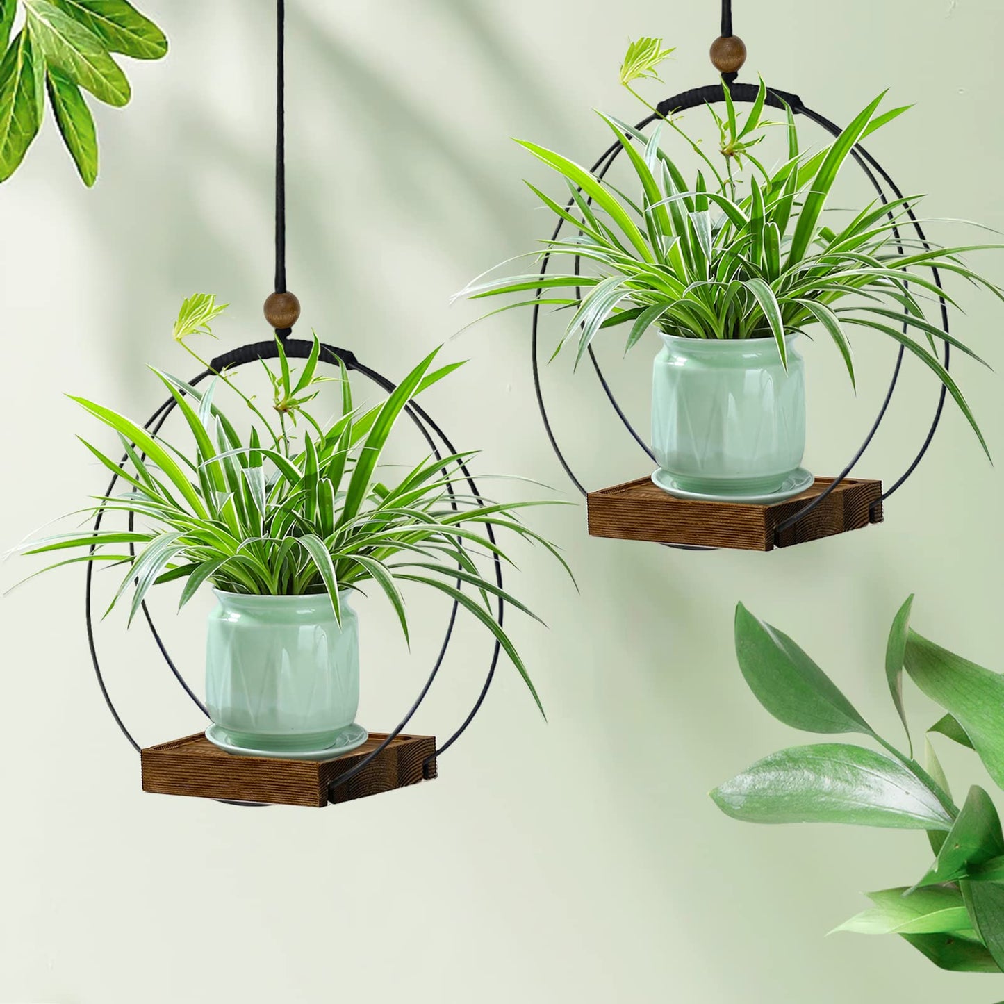 hismocal 2 Pack Hanging Planter for Indoor Plants, Black Plant Hanger with Sturdy Wood Base, Modern Boho Macrame Hanger, Wall Ceiling Window Planter (Plants/Pots Not Included)