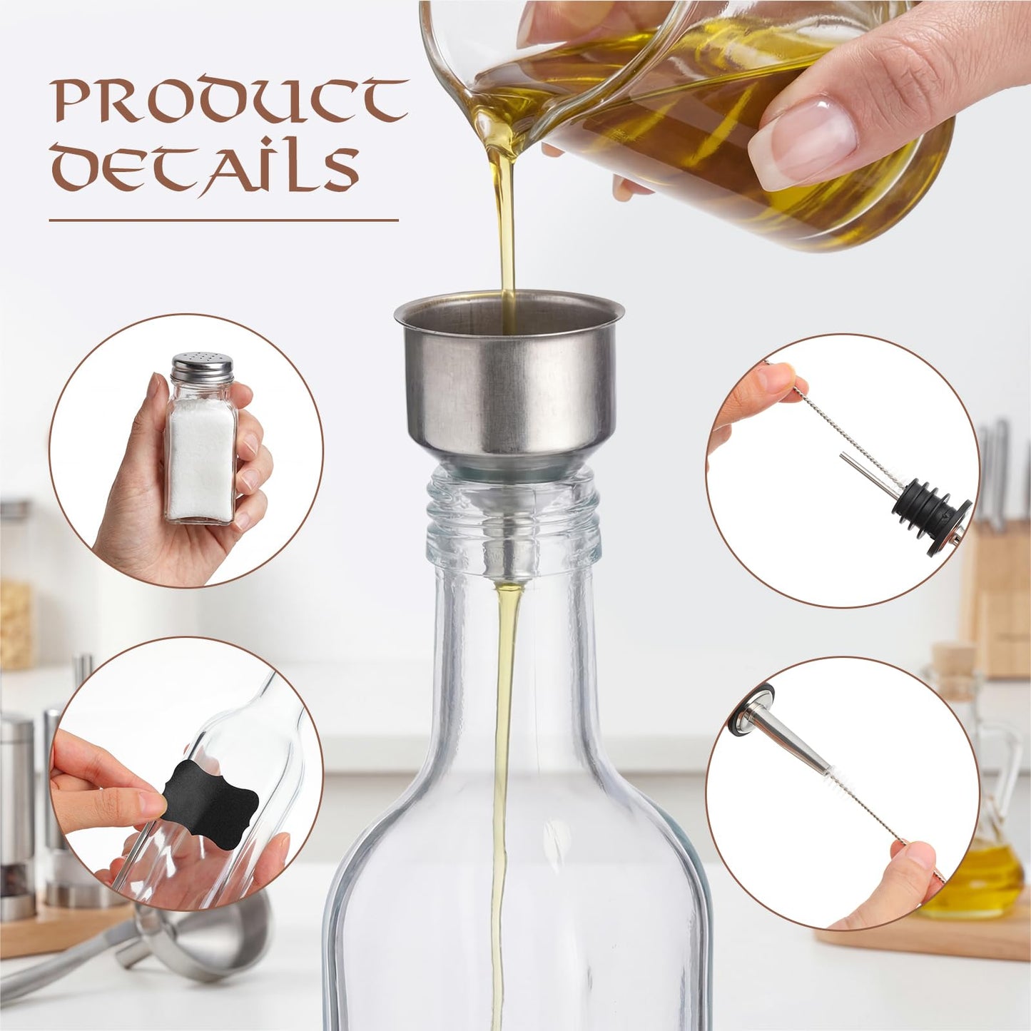 Rtteri 6 Pcs Kitchen Dispenser Set, 17 oz Oil Dispenser Bottle 2.7oz Salt and Pepper Shakers with Stainless Steel Funnel Brush and Labels for Pantry Cooking BBQ Countertop Home Restaurant