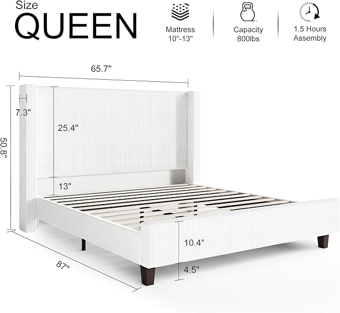 HOWE Queen Size Bed Frame with 50.8" Tall Wingback Headboard, Modern Corduroy