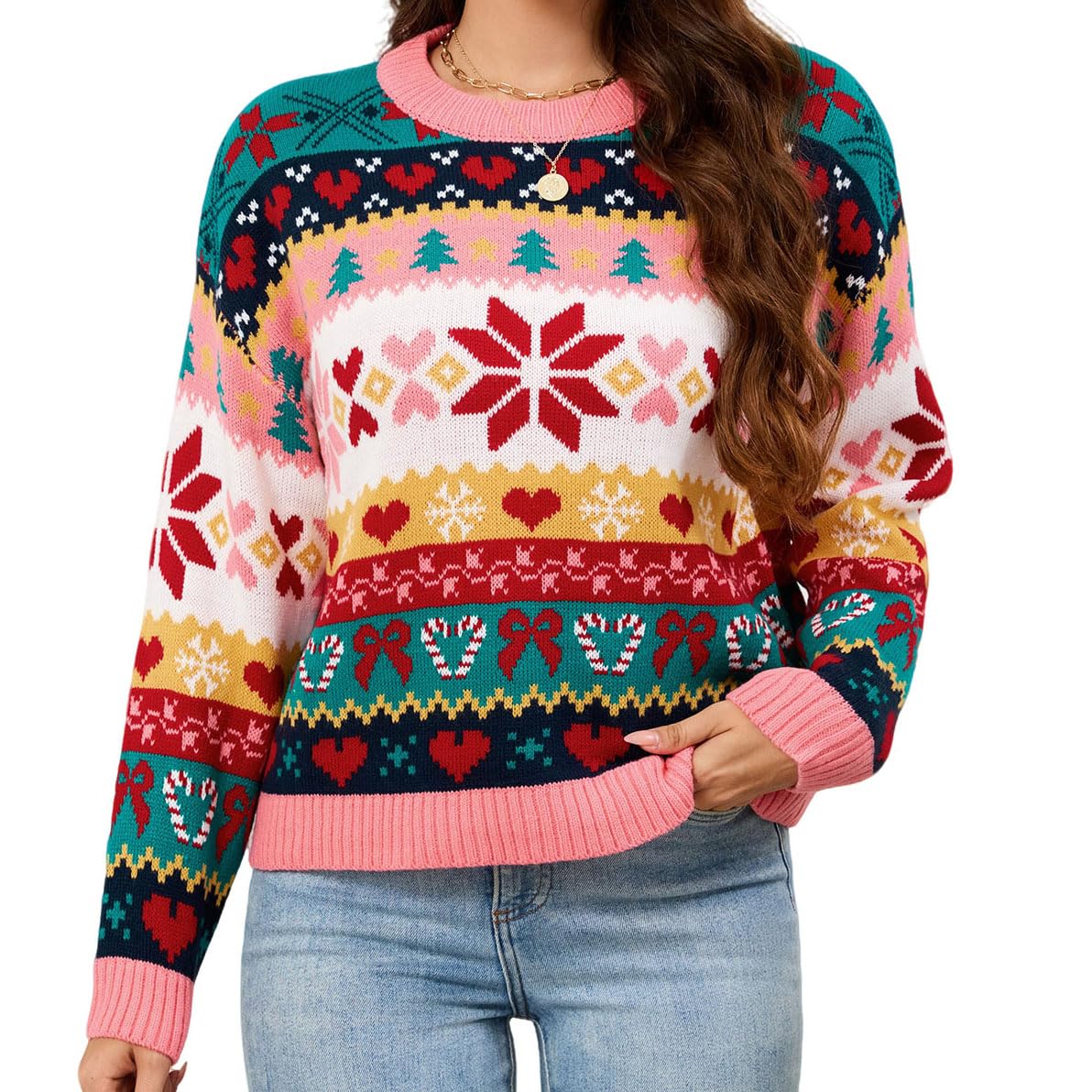 LUBOT Ugly Christmas Sweaters for Women Cute Fuzzy Funny Wintertime Holiday Parties Knitted Casual Pullover Sweater Pink Green Large