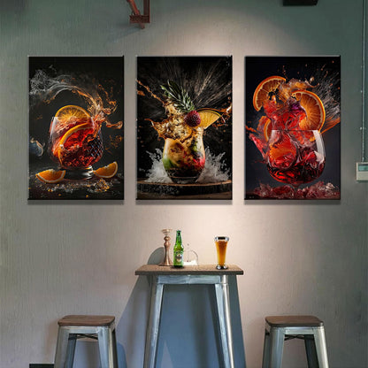 3-Piece Framed Canvas Wall Art Wrapped Canvas Cocktail Drink Posters High-Definition Bar Art Prints, Modern Alcohol Beverage Artwork Liquor Splash Photography Pictures, Unique Bartender Decor for Home Kitchen, Lounge and Bar12X16inch