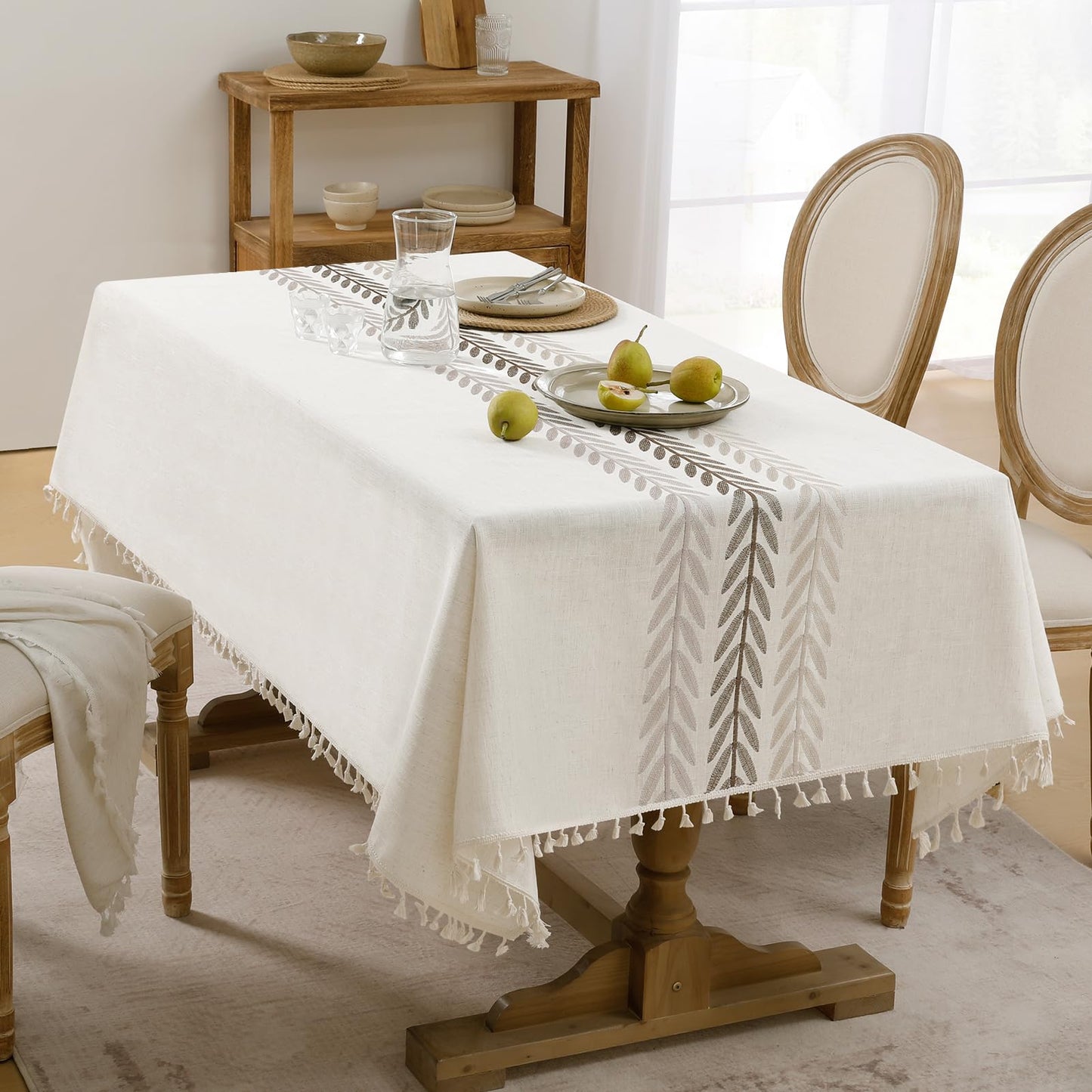Softalker Outdoor Linen Tablecloth Rectangle, Waterproof Cotton Boho Farmhouse Table Cloths with Tassel, Heavy Weight Wrinkle Free Table Cover for Picnic Camping Dining - 55 x 84 Inch, Wine Leaf