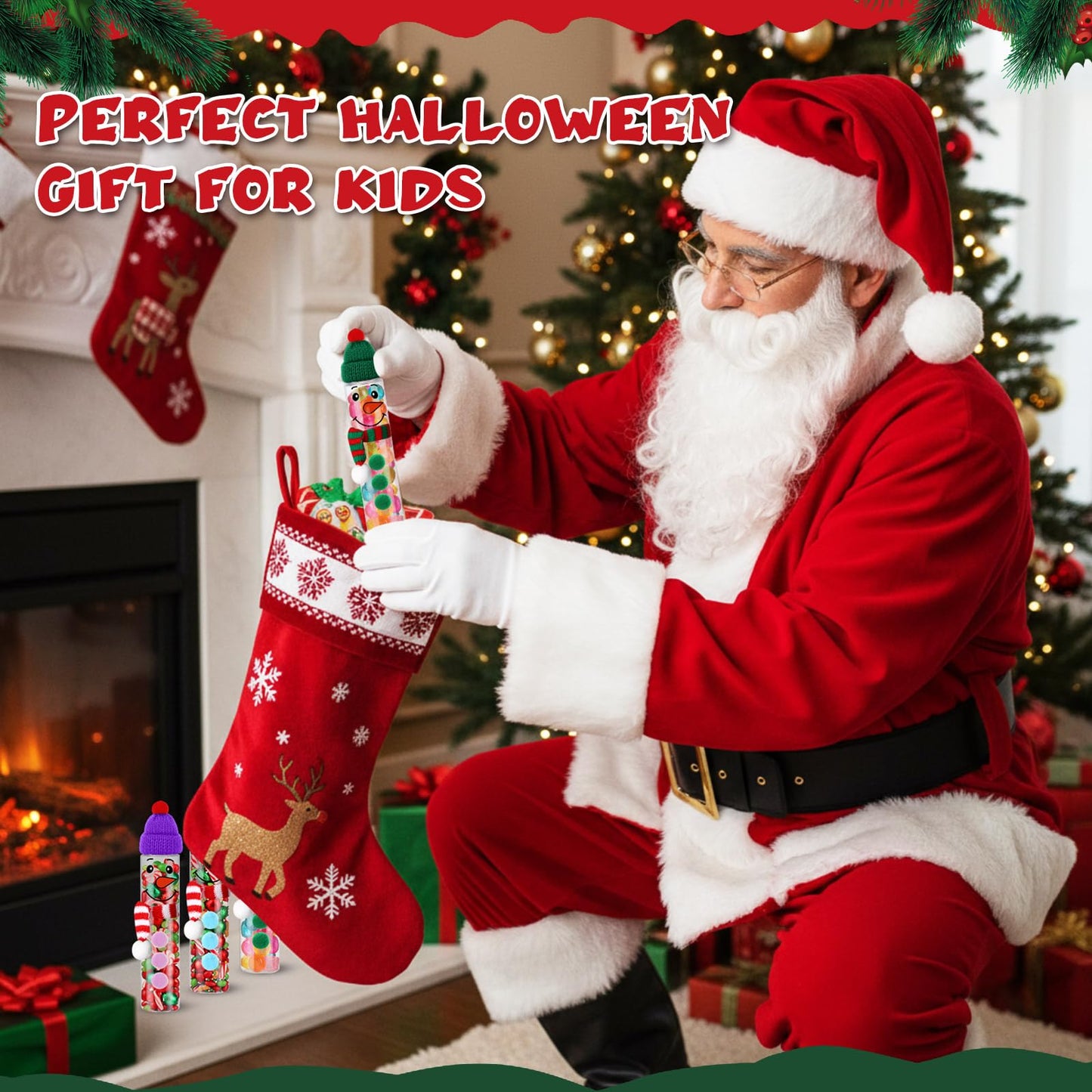 Honeydak 16 Set Christmas Candy Tubes 4 oz Hot Chocolate Clear Plastic Test Tube Bulk with Screw Caps Empty Christmas Holiday Scarf Santa Hat Snowman Gumball Candy Container for Party Gift Prizes