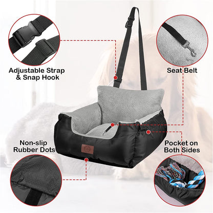 GoFirst Dog Car Seat for Small Dogs or Cats, Pet Booster Seat Travel Car Bed with Storage Pocket and Clip-On Safety Leash, Waterproof Warm Plush Dog Car Safety Seats,Black