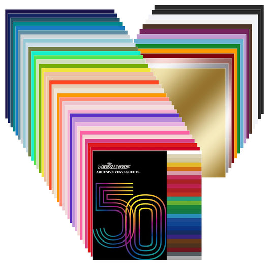 TECKWRAP 50 Pack 12" x 12" Permanent Adhesive Vinyl Sheets 48 Assorted Colors (Glossy & Matte) with 2 Transfer Tape for DIY Crafting, Decor Sticker Compatible with Cutting Machines