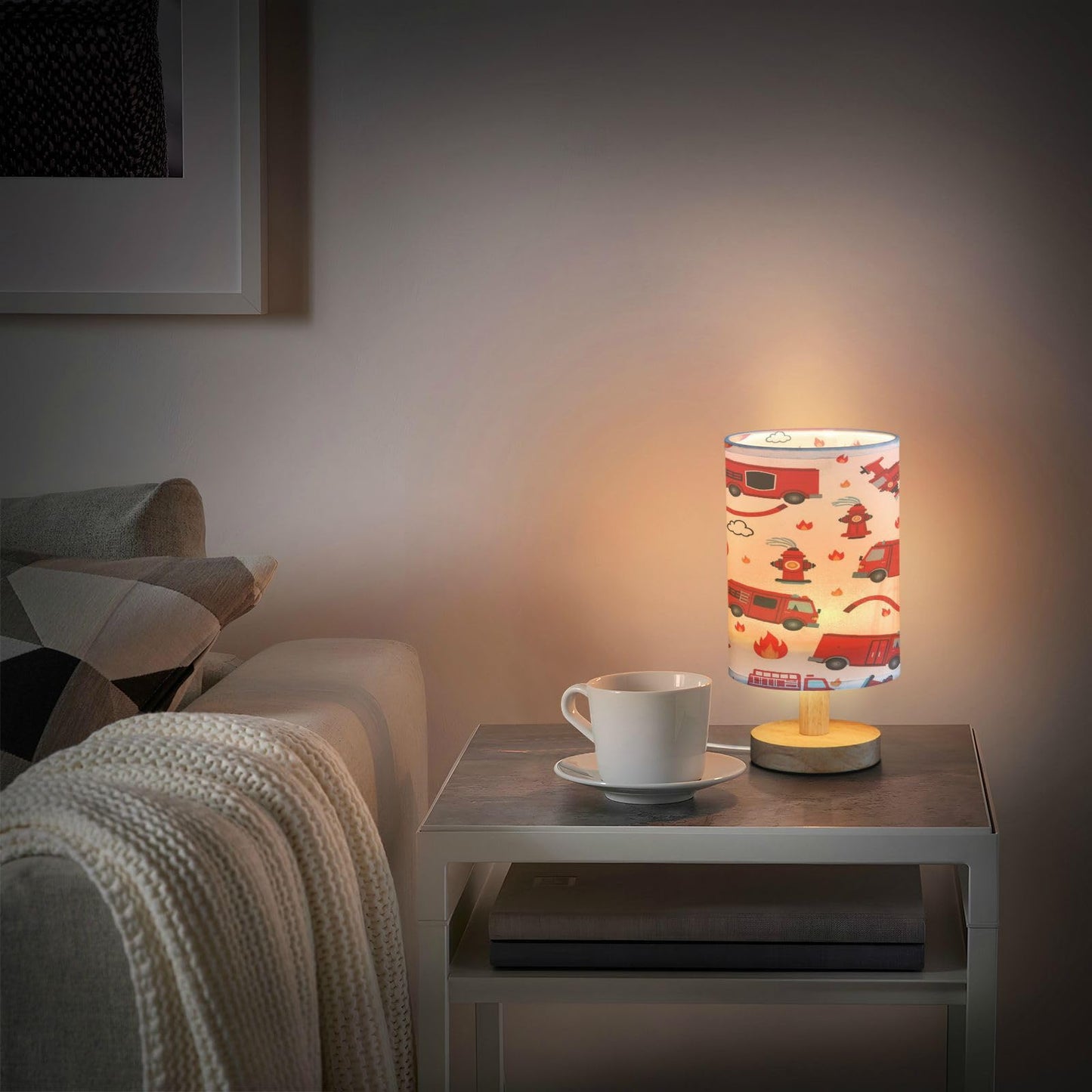 Firefighter Fire Truck Table Lamp for Bedroom Bedside Lamp Desk Lamps Cylinder Nightstand Lamp for Living Room Office Decor