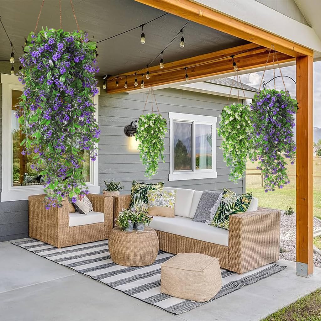 RECUTMS 2Pcs Artificial Hanging Plants Fake Vines Fake Plants Outdoor Greenery Artificial Flower for Outdoors Hanging Basket Plastic Home Garden Wedding Party Decorations(Purple)