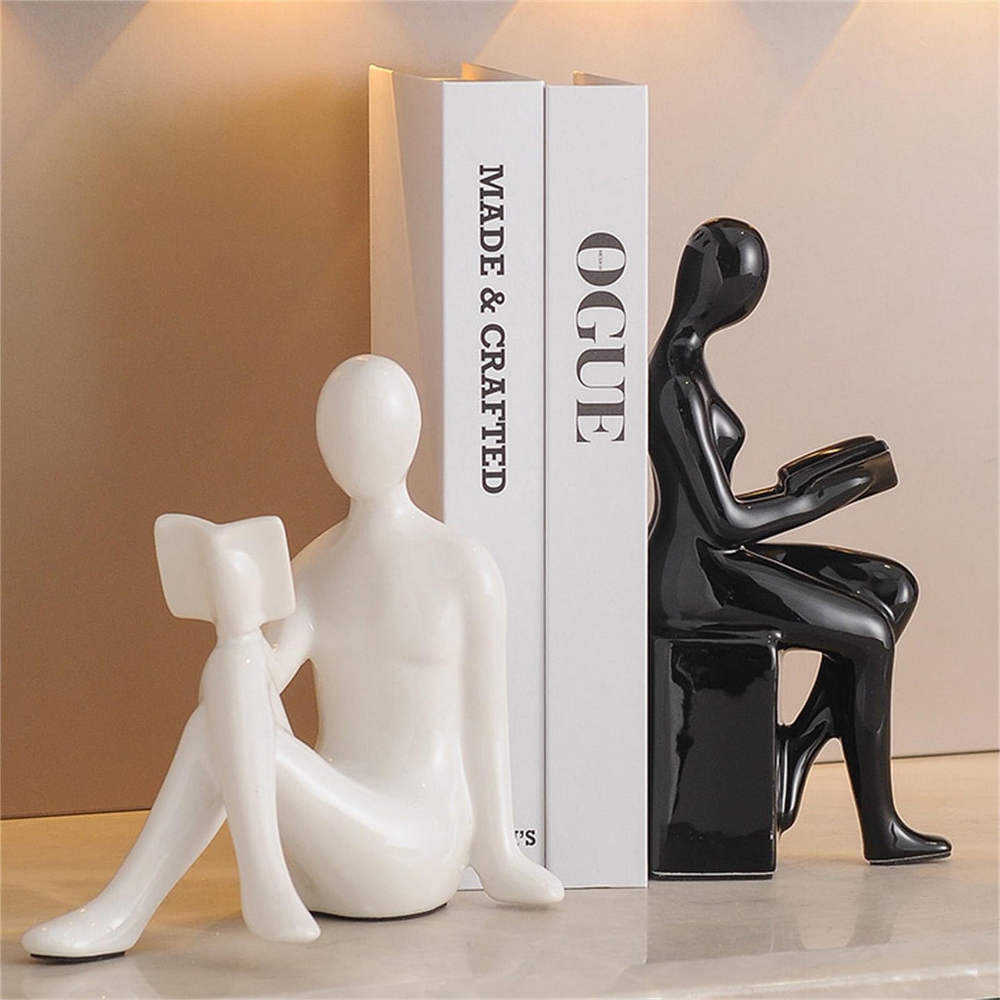 Modern Decorative Ceramic Reading Figure Bookends, Contemporary Minimalist Book Holders for Shelves, Office Home Library Decor (Black+ White)