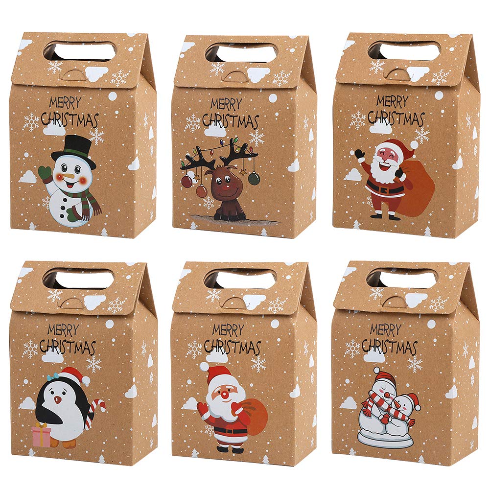 CCINEE 12 PCS Christmas Kraft Paper Bags, Santa Claus & Reindeer Xmas Gift Bags, 6.1in L x 3.9in W x 2.4in H, Perfect for Christmas, New Year, Parties & Events