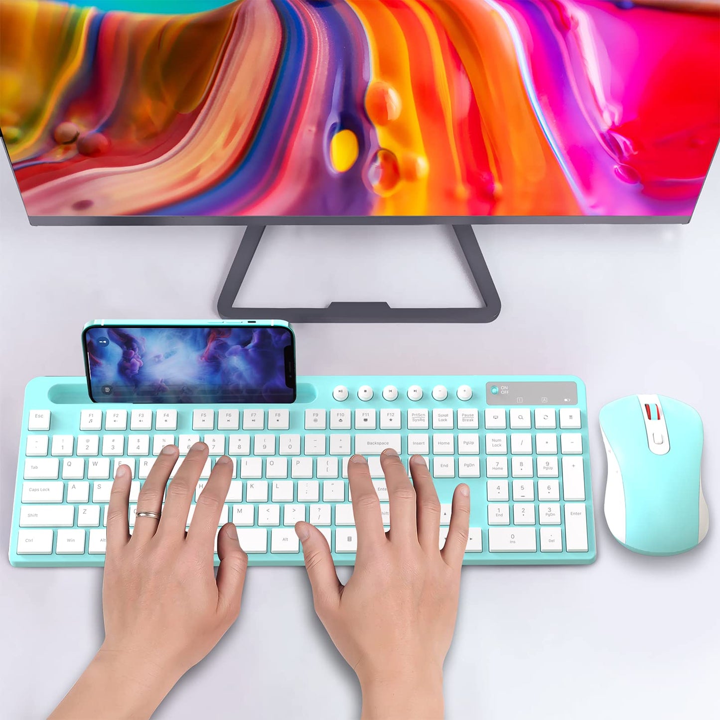 Wireless Keyboard and Mouse Combo, MARVO 2.4G Ergonomic Wireless Computer Keyboard with Phone Tablet Holder, Silent Mouse with 6 Button, Compatible with MacBook, Windows (Black)