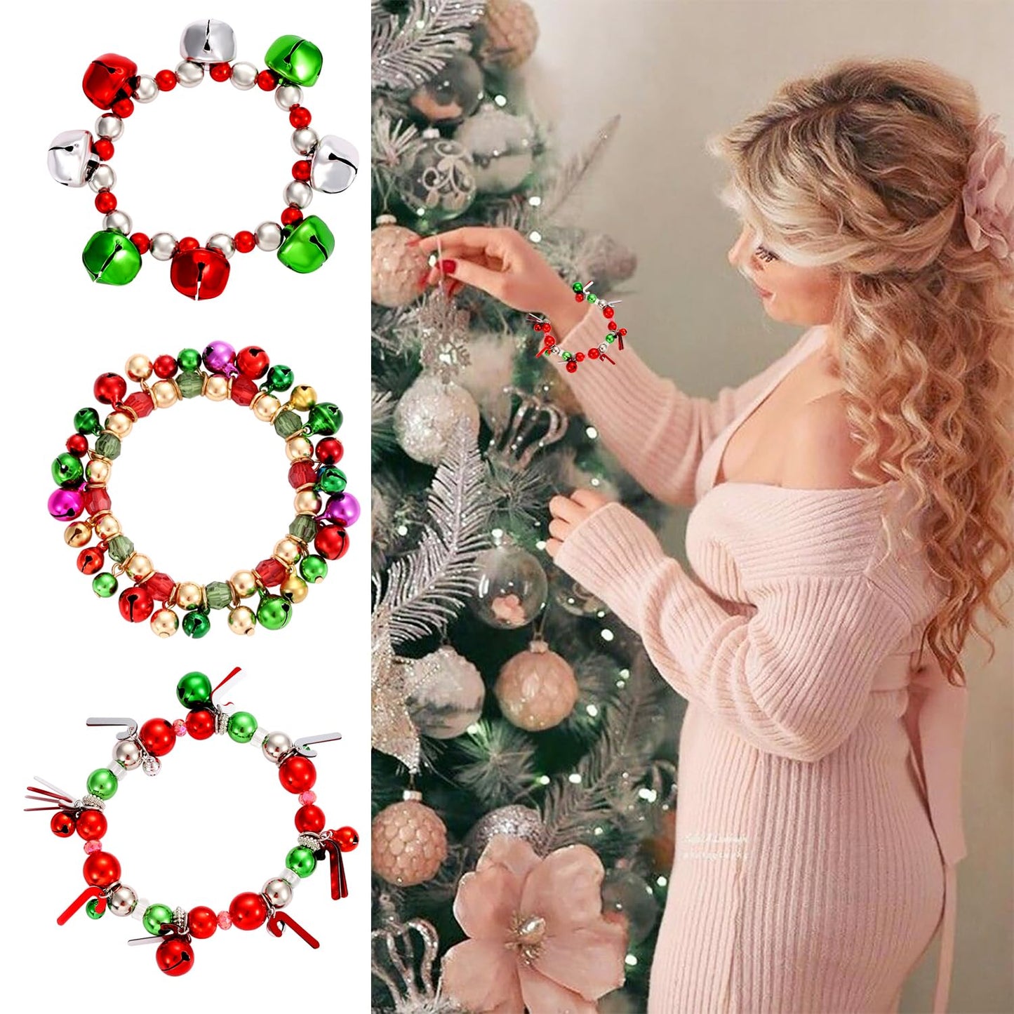 HEIDKRUEGER 3pcs Christmas Jingle Bell Bracelets Xmas Multi Color Beaded Charm Stretch Bracelet Christmas Holiday Party Favors for Women Jewelry Gift