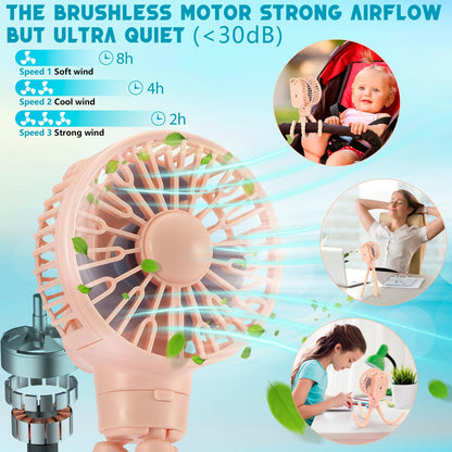 snawowo Mini Portable Stroller Fan, Battery Operated Personal Small Handheld Fan with Flexible Tripod, 3 Speed Rechargeable Clip On for Car Seat Crib Treadmill Travel Camping Pink