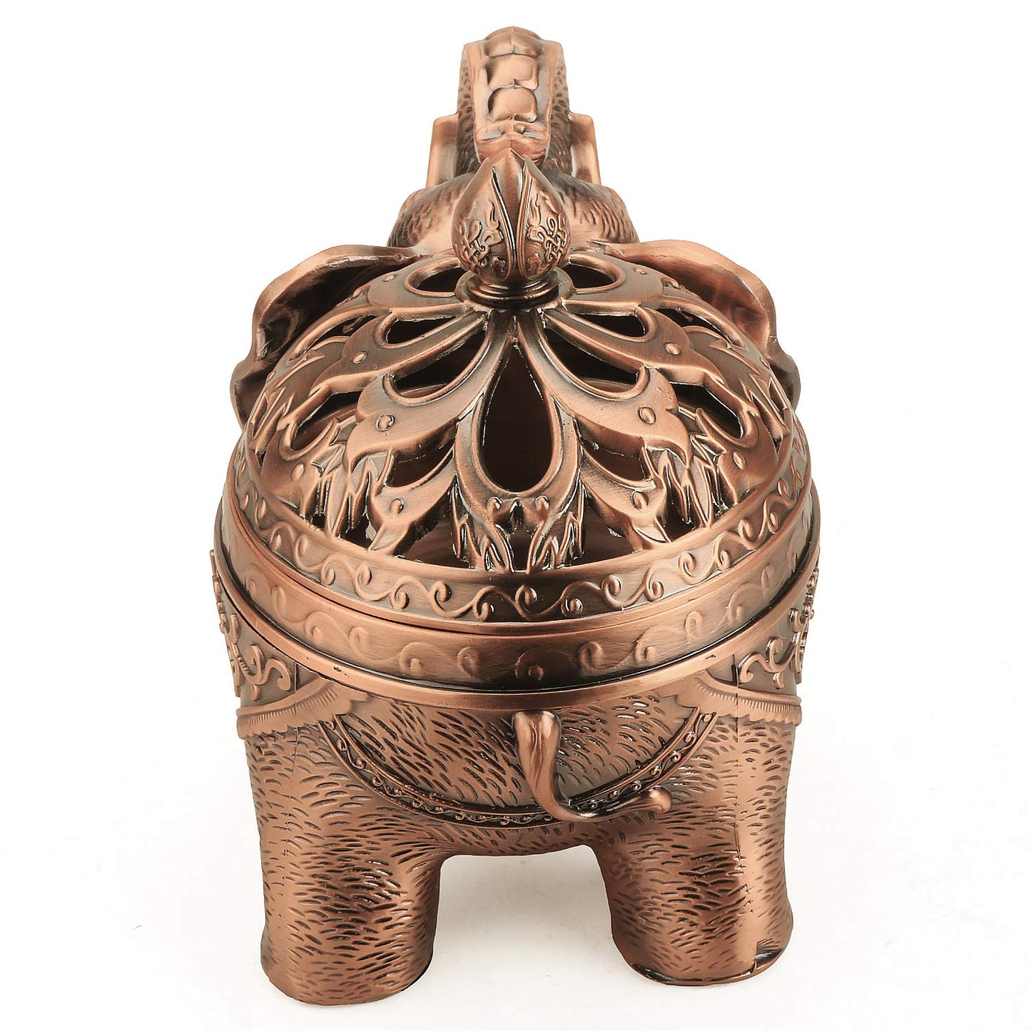 K COOL Alloy Incense Holder Stand Elephant Cone Coil Incense Burner Ash Catcher with Lid, Aromatherapy Ornament Home Decoration for Indoor Outdoor (Red Copper)
