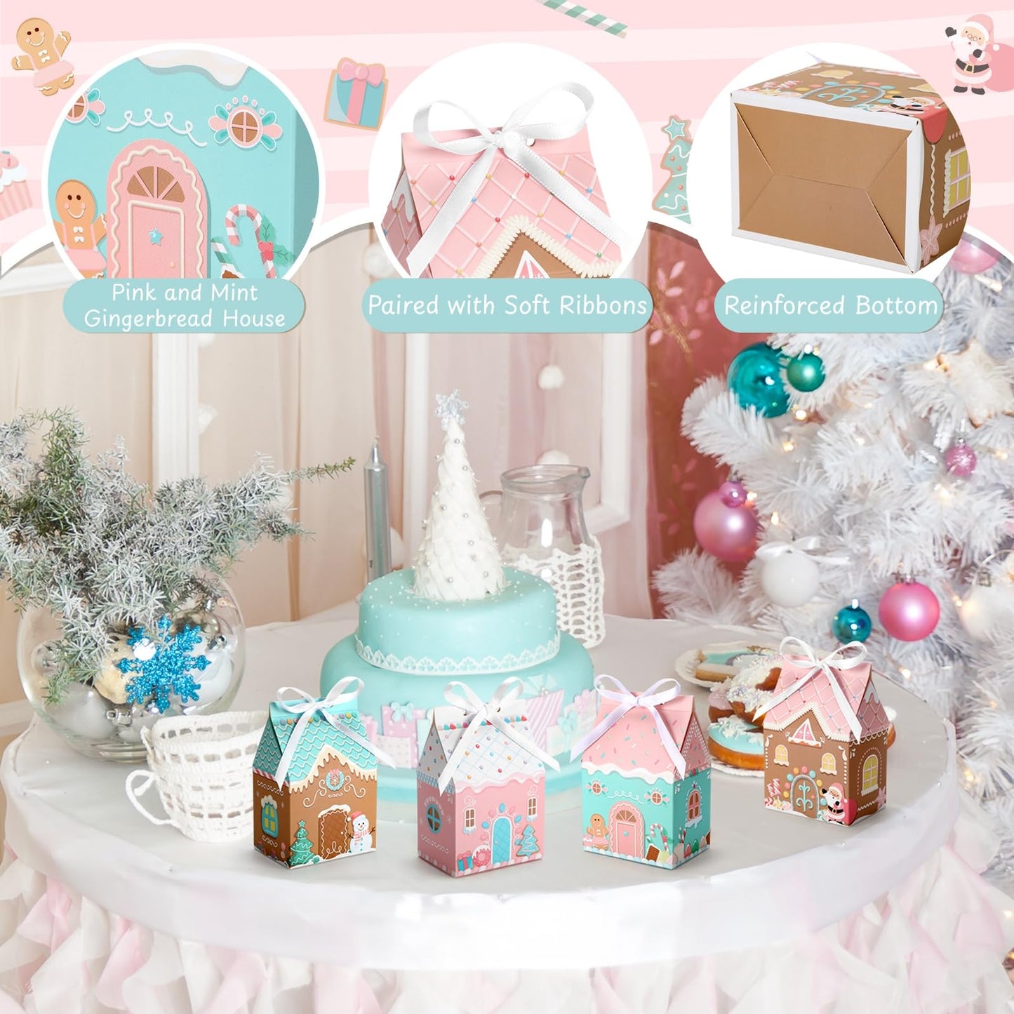 Kritkin 24 Pcs Small Pink Gingerbread House Gift Boxes with Ribbon Mini Christmas Gingerbread House Boxes for Mini Cookie Container Snacks Macaron Candy Dessert Wrapping Holiday Gifts Giving