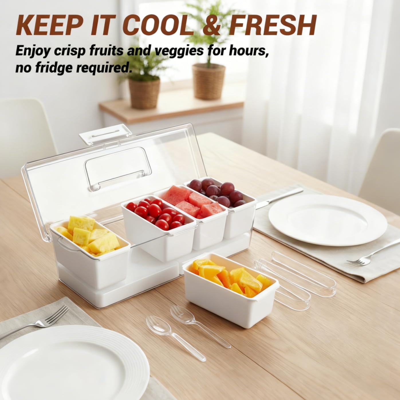 Mavolico Chilled Condiment Containers with Lid & Handle, 5-Compartment Serving Platters with 2 Ice Packs to Keep Fruits, Salads, Dips & Sauces Fresh for BBQs, Picnics, Camping and Parties