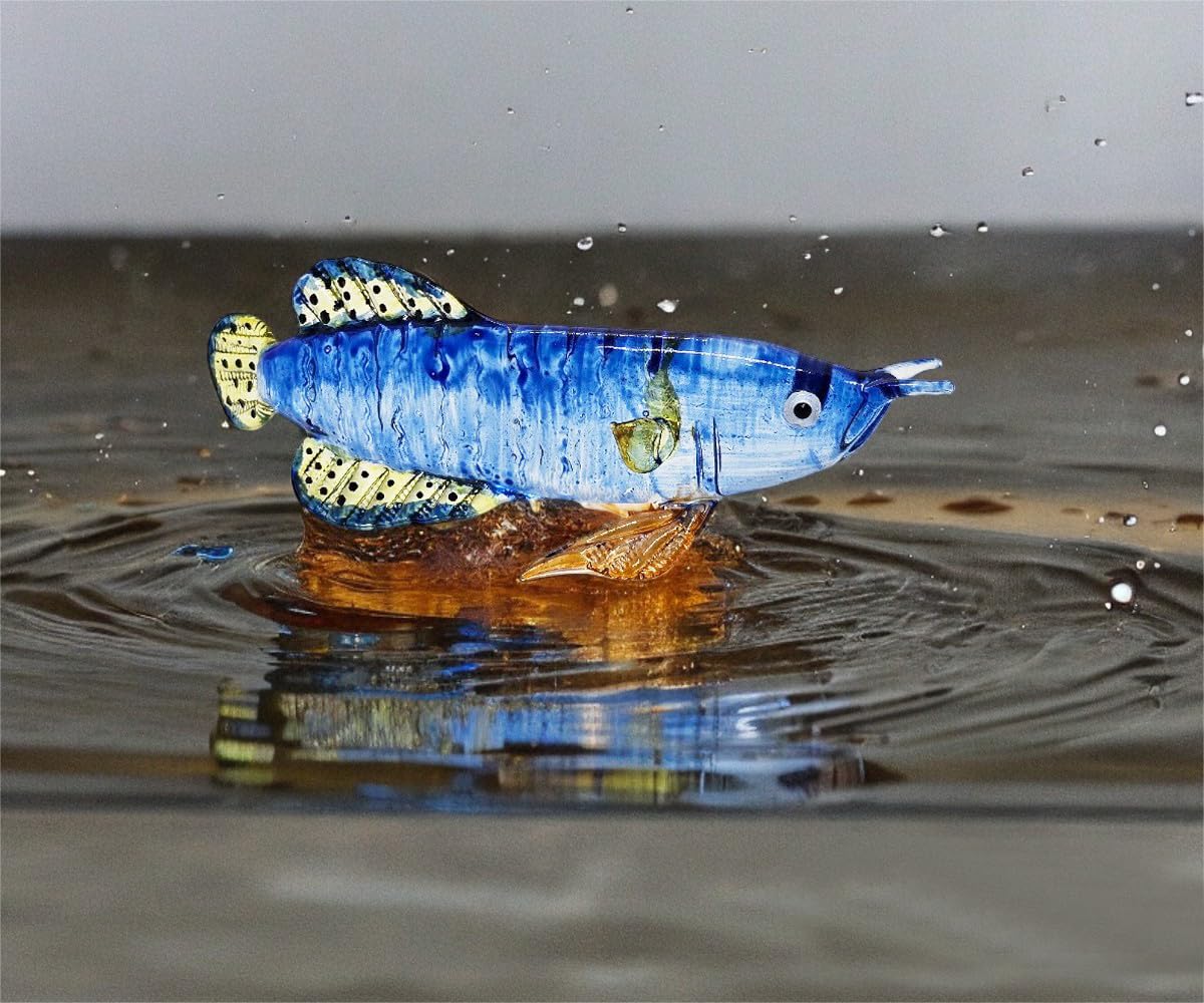 WitnyStore 4" Dark Blue Yellow Arowana Fish Artistic Blown Glass Figurine Premium Hand-Blown Statue Tabletop Decoration Unique Collectible for Adult Collectors Handcrafted Elegant Home Room Decor
