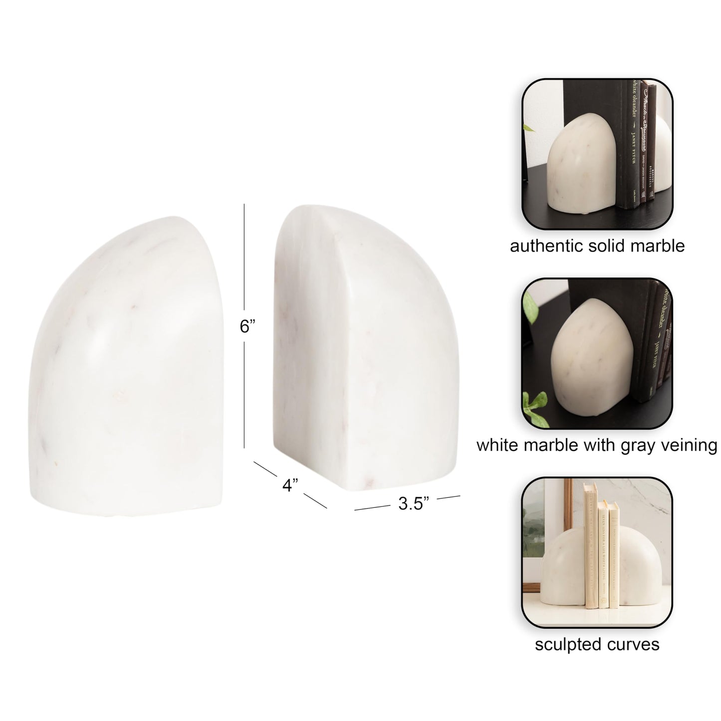 Kate and Laurel Brookhart Modern Two-Piece Marble Bookends for Bookshelf Decor, Set of 2, 4 x 4 x 6, White Marble, Decorative Stone Bookend Set for Use as Wall Shelf Filler or Entryway Table Decor