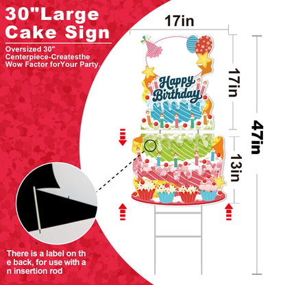 GXGGUS Happy Birthday Yard Signs Outdoor Decorations - 19 PCS Set with 16" Letters, 30" Large Cake Sign on H-Shaped Metal Stand, 32.8 Ft LED Lights & Stakes for Lawn Garden Party
