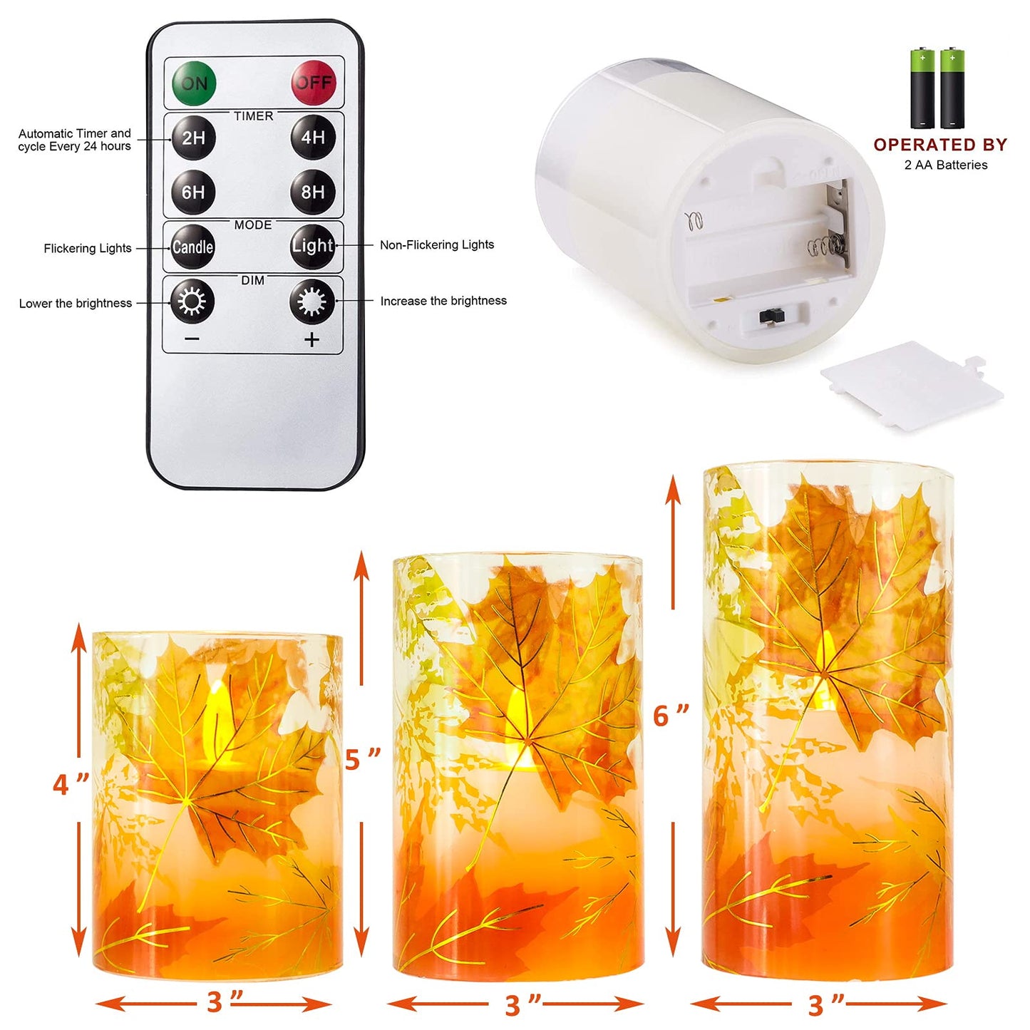 PETRISTRIKE Fall Flameless Candles, Autumn Maple Leaf Led Candles with Remote & Timer, Realistic Flickering Real Wax Candles for Harvest Festive, Thanksgiving Day, Party Decorations