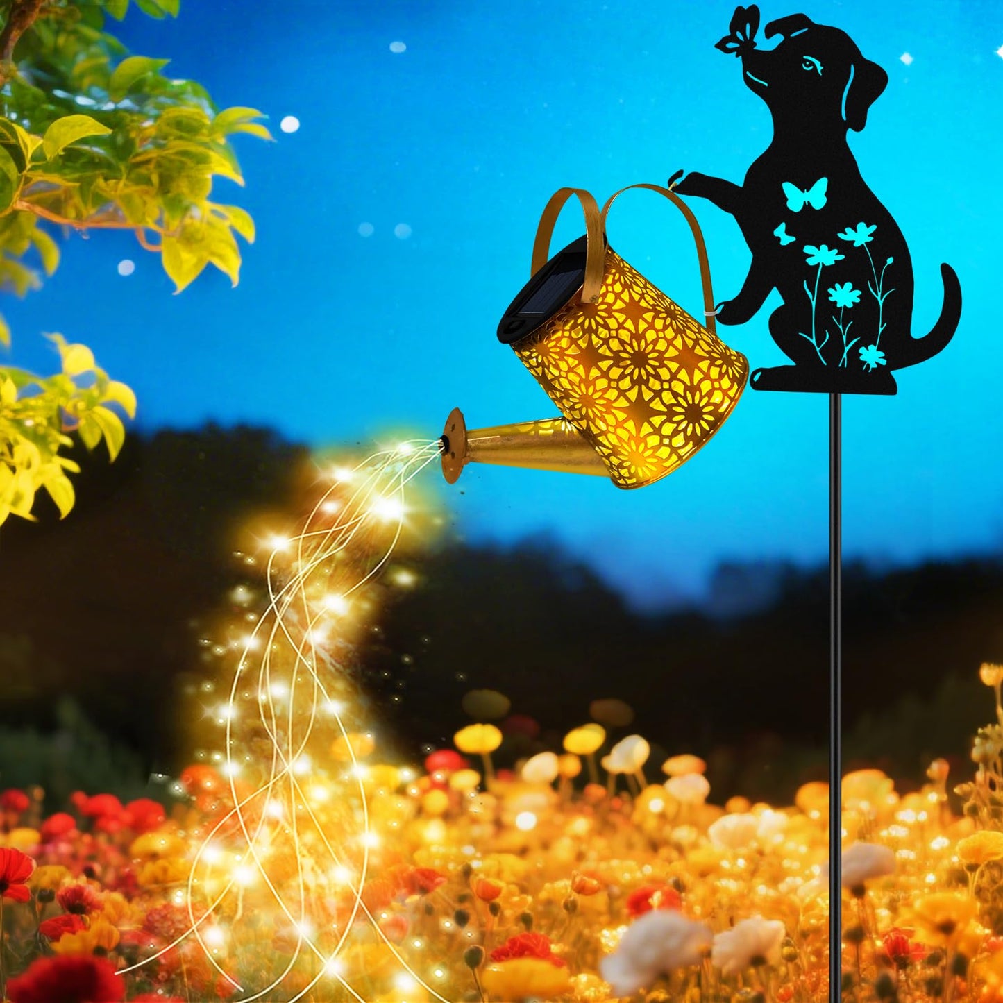 Solar Watering Can Lights, Dog Hanging Lantern Solar Lights Outdoor, Dog Lover Gifts for Mom Women Birthday Mother's Day Christmas, Waterproof Garden Decor Outside Patio Yard Pathway Backyard