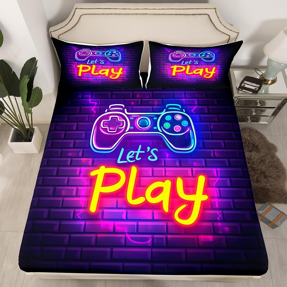 Gaming Gamer Bed Sheets Set - Full Size Video Game Sheets with Gamepad Design - Fitted Sheet, Flat Sheet & 2 Pillow Shams - Abstract Neon Style - Deep Pocket - Geometric Brick Wall Pattern