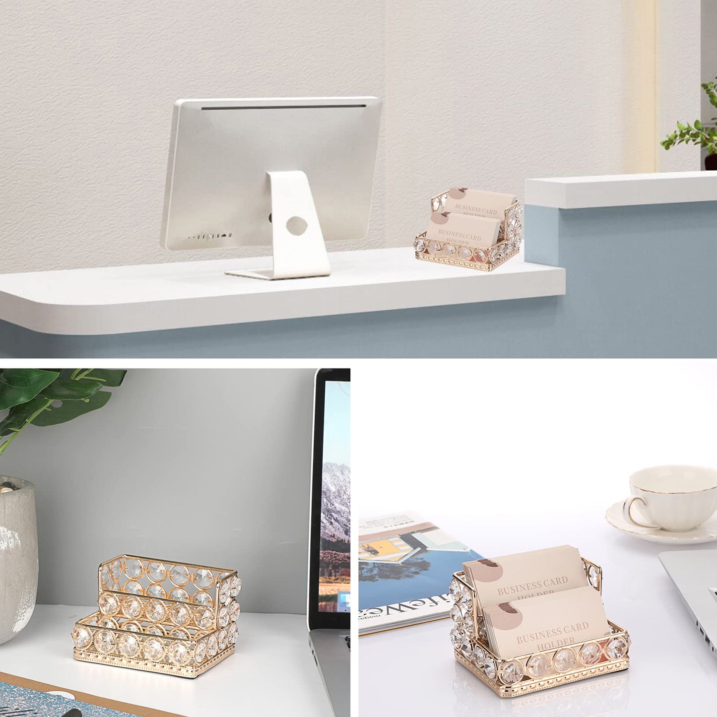 Hipiwe 2 Tiers Crystal Business Card Holder Stand Gold Mirrored Business Card Display Stand Organizer Desktop Business Card Storage Holder for Office Countertop