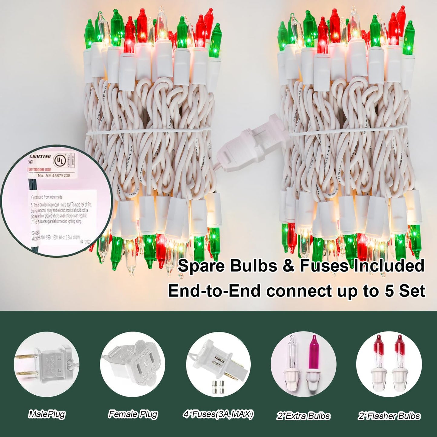 LAMPHOME Super-Bright Extendable Red Green Clear Christmas Lights Decoration 100Lights 19.6ft UL Certified Mini Bulb String Lights for Outdoor Christmas Tree Garden Patio Wedding Decor