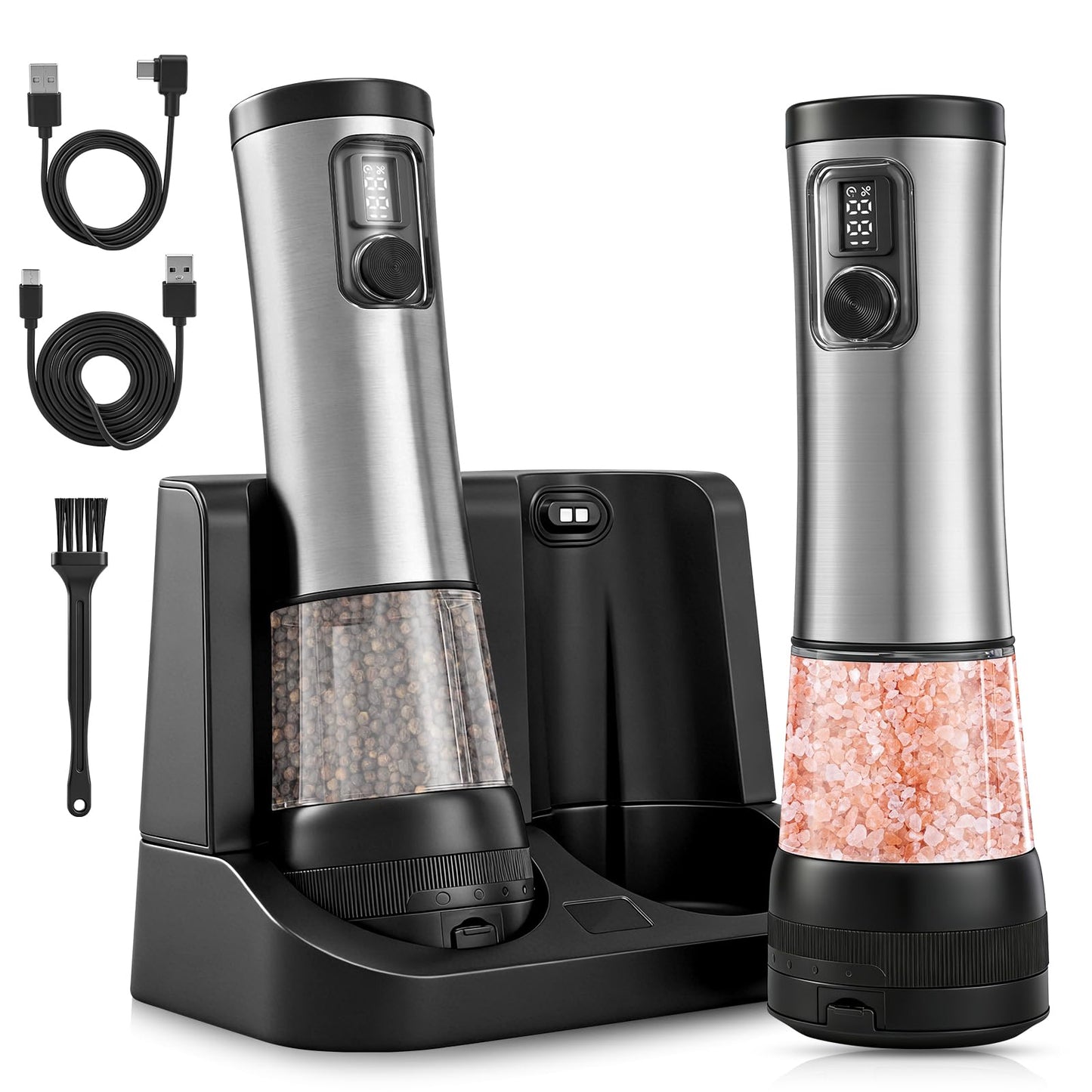 Electric Salt and Pepper Grinder Set with Rechargeable Base，Stainless Steel Automatic Refillable Electric Salt and Pepper Shakers，Large Capacity, 2-Speed Setting, LED & Adjustable Coarseness, Black